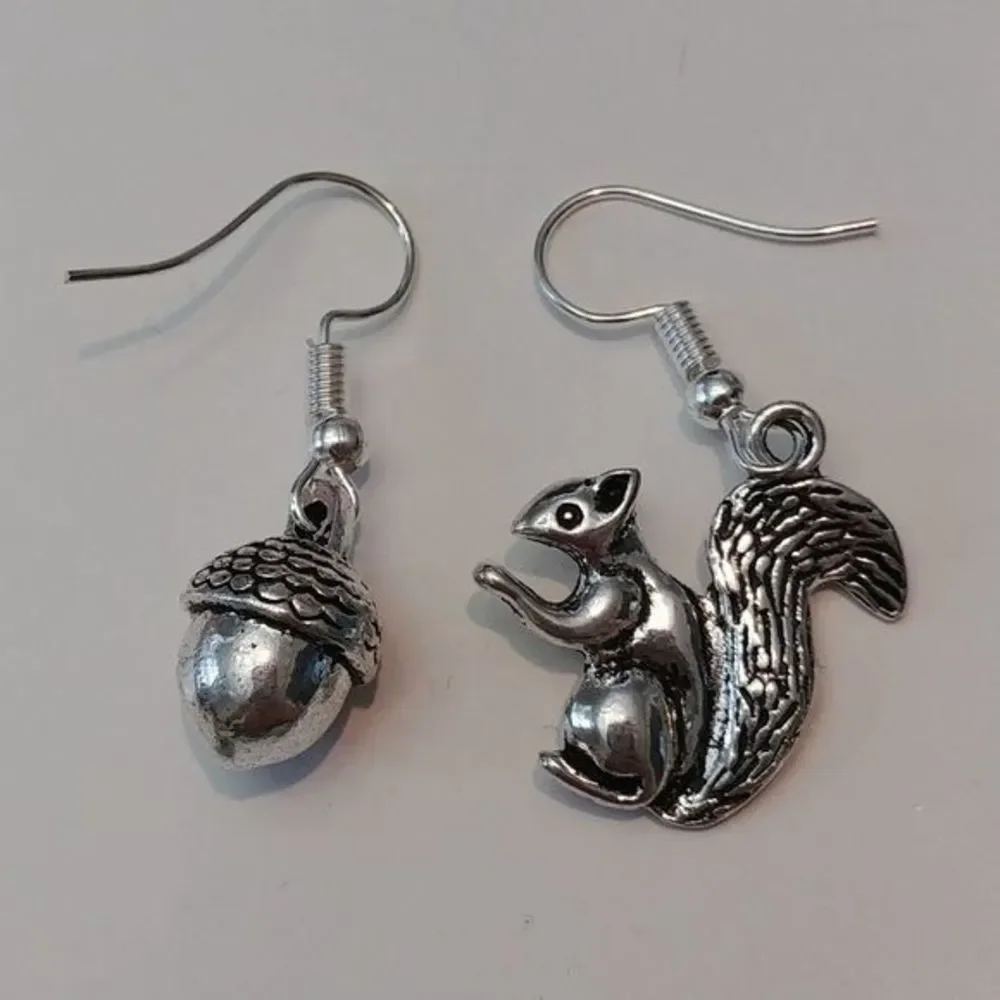 Squirrel Acorn Fall Asymmetrical Silver‎ Earrings